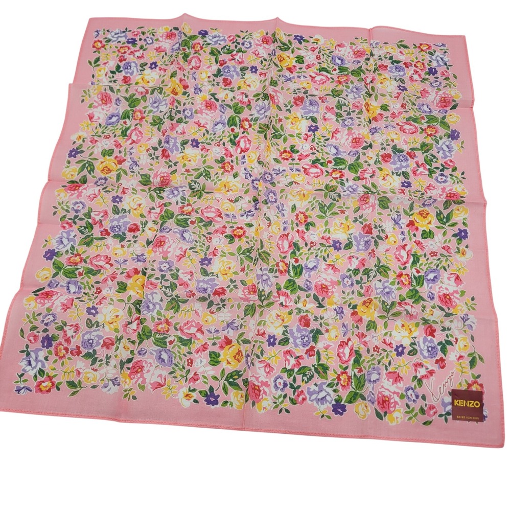 Kenzo Paris Floral Cotton Handkerchief Pink Rose Print Pocket Square Scarf 18in